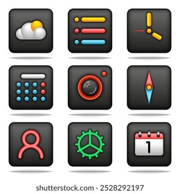 Modern black glossy 3d icons set, colorful 3d symbols for various app interfaces including weather, navigation, calendar, notes, clock, user, settings ideal for digital and mobile ui design projects.