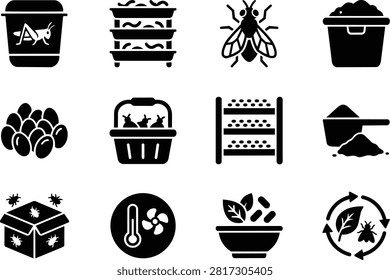 Modern black glyph icon collection featuring composting, organic waste management, food scraps, compost bins, insects, worms, compost tumbler, garden compost, soil, fertilizer, recycling, temperature monitoring, and sustainable gardening. Ideal for environmental education, recycling programs, organic farming, waste reduction, gardening, agriculture, eco-friendly apps, websites, dashboards, presentations, and infographics.