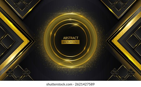 Modern Black And Gold Abstract Background Vector. Realistic Black Background With Golden Shapes with lines golden glowing. Vector illustration