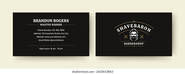 Modern black and gold barbershop business card design featuring a stylish logo with a vintage barber illustration, contact details, and open hours. Perfect for personal or corporate use