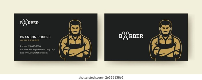 Modern black and gold business card featuring a retro barber illustration, logo, and contact information. Perfect for barbershop branding and professional services. Vector illustration
