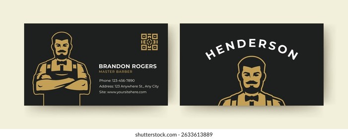 Modern black and gold business card featuring a stylish barber illustration, contact details, and a QR code. Perfect for barbershop branding and marketing. Vector illustration