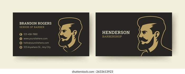 Modern black and gold business card template featuring a stylish barber profile illustration. Perfect for personal or corporate use, showcasing contact information. Vector illustration