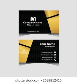 Modern black and gold business card with a sleek design, featuring company logo, name, and contact details in a professional layout.