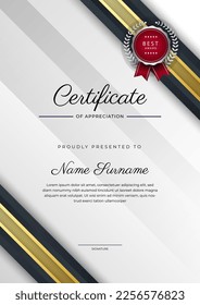 Modern black and gold certificate of achievement award template with badge and border for business and corporate