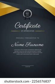 Modern black and gold certificate of achievement award template with badge and border for business and corporate