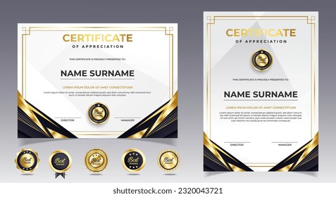 Modern black and gold certificate of achievement template with badges