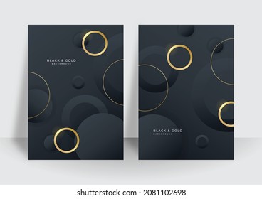 Modern black gold cover design set. Luxury creative gold dynamic diagonal line pattern. Formal premium vector background for business brochure, poster, notebook, menu template