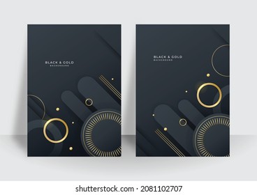 Modern black gold cover design set. Luxury creative gold dynamic diagonal line pattern. Formal premium vector background for business brochure, poster, notebook, menu template