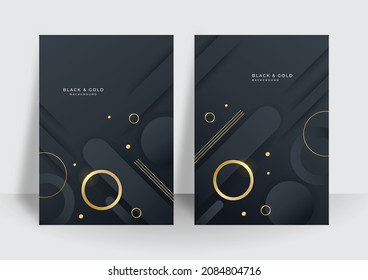 Modern Black Gold Cover Design Set. Luxury Creative Gold Dynamic Diagonal Line Pattern. Formal Premium Vector Background For Business Brochure, Poster, Notebook, Menu Template