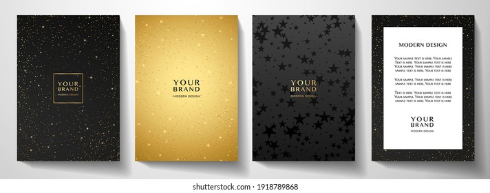 Modern Black And Gold Cover, Frame Design Set. Luxury Holiday Star Pattern With Golden Stars. Vector Luxe  Collection Background For Notebook, Holiday Invite, Christmas Invitation 