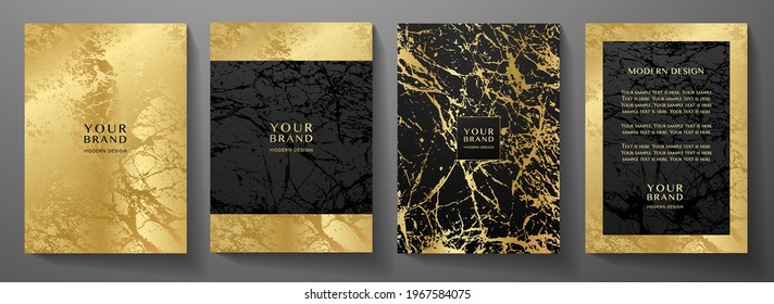Modern black and gold cover, frame design set. Creative premium abstract with marble texture (crack) background. Luxury vector collection for catalog, brochure template, magazine layout, luxe booklet