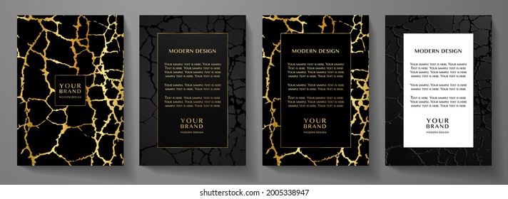 Modern black and gold cover, frame design set. Premium abstract line pattern with crack texture (grunge background). Luxury vector for catalog, brochure template, restaurant or cafe menu, luxe booklet