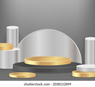 Modern black and gold cylinder pedestal podium, minimal, Stage for awards on website,  Abstract room,
