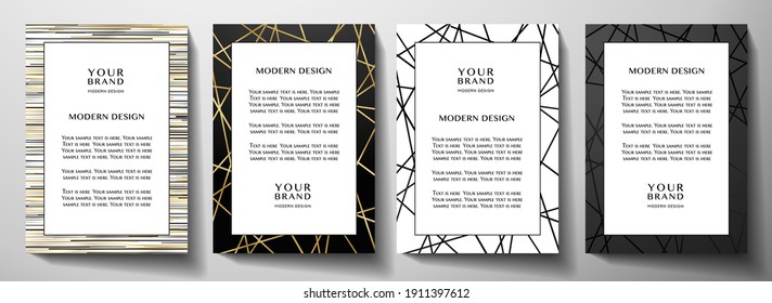 Modern black and gold frame design set (collection). Formal vector layout background with luxury creative line pattern for note, business catalog, brochure template, menu, notebook