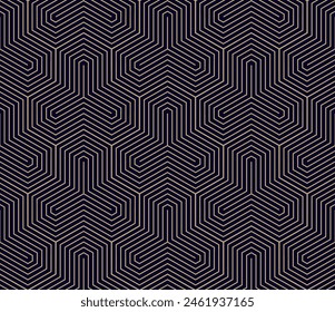 Patrón geométrico sin costuras de Vector negro y dorado moderno con líneas finas, hexágonos, rayas peculiares. Fondo abstracto dorado. Textura lineal minimalista simple de moda. Diseño minimalista repetido de lujo