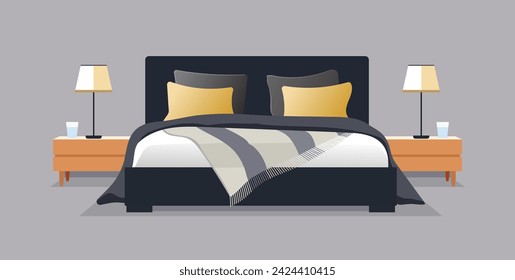 Moderno dormitorio negro y dorado con muebles. y cuadros. Cama, mesa, lámparas. Ilustración vectorial en estilo plano.