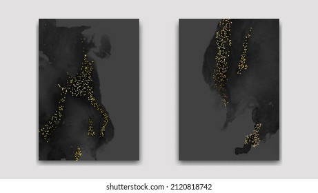 Modern Black Gray watercolor background or elegant card design for birthday invite or wedding or menu with abstract black ink waves and golden splashes.