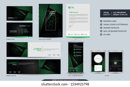 Modern black green stationery mock up set and visual brand identity with abstract overlap layers background . Vector illustration mock up for branding, cover, card, product, event, banner, website. 