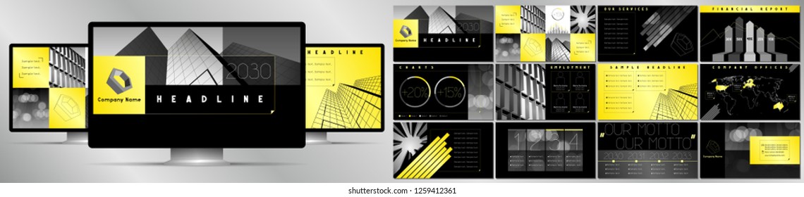 Modern black, grey and yellow business vector presentation template - EPS10 - hd format: 1920x1080 px. svg