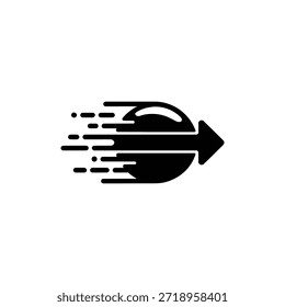Icono negro moderno con una flecha que estalla hacia adelante desde una esfera, simbolizando la velocidad, el progreso rápido y la acción rápida.