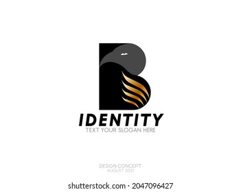 Modern black idea silhouette of a bird head with letter B for logo and symbol isolated on white background.