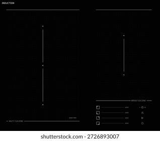 Moderna interfaz de placa de inducción negra con panel de control táctil digital, diseño minimalista de electrodomésticos de cocina. Elegante superficie de la placa eléctrica con iconos, zonas y Botones. Ilustración vectorial.