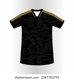 A MODERN BLACK JERSEY TEMPLATE FEATURING A SUBTLE ABSTRACT TEXTURE PATTERN AND ELEGANT GOLD ETHNIC ACCENTS ON THE SHOULDERS AND COLLAR AREA. SUITABLE FOR SPORTSWEAR DESIGN, AND VETRANS DAY