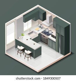 Modern black kitchen room interior with furniture and household appliances in isometric style