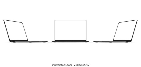 Modern Black Laptop Mockup, Front And Side View, Blank Screens, Isolated On White Background. Vector Illustration