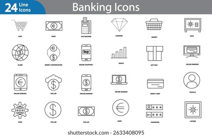 A modern black line art vector set featuring various banking-related elements such as credit cards, ATMs, money bags, vaults, bank buildings, currency symbols, mobile banking, transaction icons, and m