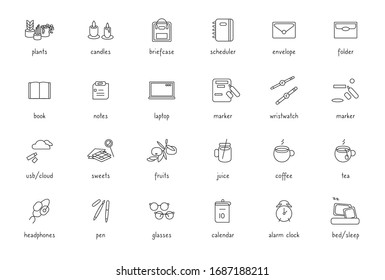 Modern black line icon set for bullet journal design, planner, scheduler. Linear study learning time, gadget stationary sign. Outline popular hobby simple symbol. Isolated on white vector illustration