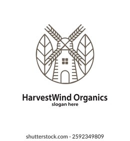 The modern black line logo features a windmill surrounded by wheat stalks and leaves, symbolizing sustainable, organic and eco-friendly farming. Suitable for branding, food packaging, bakery logos.