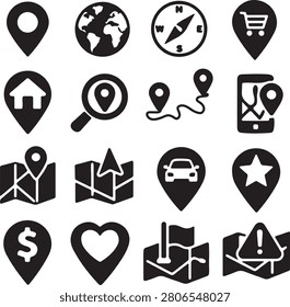 Modern black location and navigation icon set featuring map pins, globe, compass, shopping cart, home, GPS, route, smartphone map, car parking, favorite, money, warning, and navigation symbols. Perfect for maps, GPS apps, travel, delivery, UI, web, and mobile interface design.