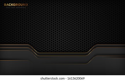 Modern black luxury background with gold line decoration on dark hexagon pattern. Vector illustration.