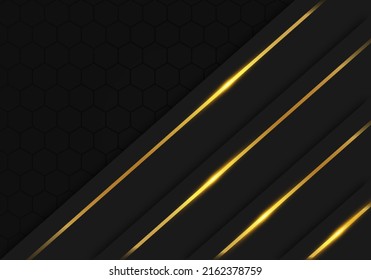 Modern Black Luxury Background with Gold Line Decoration on Dark Hexagon Pattern Metallic Background