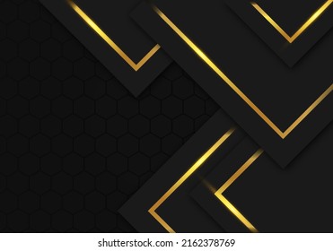 Modern Black Luxury Background with Gold Line Decoration on Dark Hexagon Pattern Metallic Background