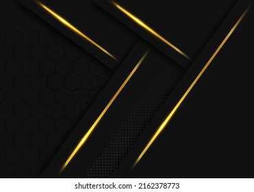 Modern Black Luxury Background with Gold Line Decoration on Dark Hexagon Pattern Metallic Background