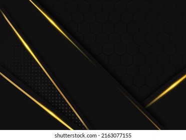 Modern Black Luxury Background with Gold Line Decoration on Dark Hexagon Pattern Metallic Background