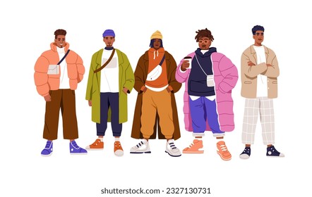 Modern black men, people group portrait. Young African-American guys standing together in clothes, trendy apparel, fashion outfit in street style. Flat vector illustration isolated on white background