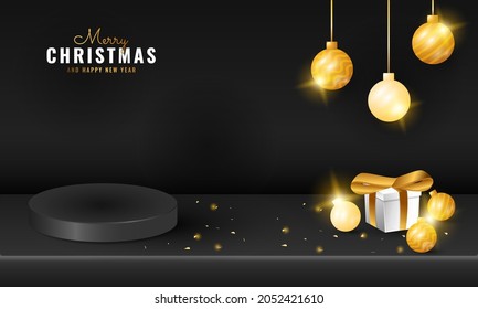 modern black merry christmas and happy new year podium banner with golden sparkle gift box and ball