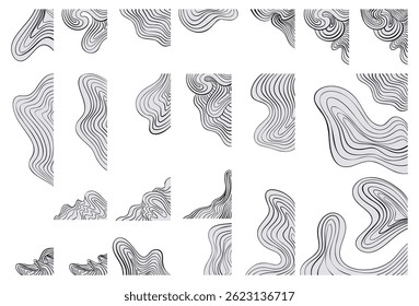 Modern Black and Off White Abstract Curve Element Corner Border Set, Hand Drawn Wave Decoration. Wavy Graphic Isolated Design Elements, Vector Illustration for Presentations Backgrounds