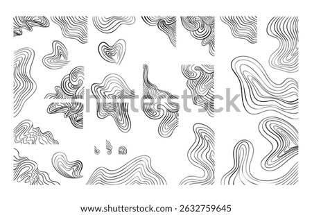 Modern Black and Off White Abstract Curve Element Corner Border Set, Hand Drawn Wave Decoration. Wavy Graphic Isolated Design Elements, Vector Illustration for Presentations Backgrounds