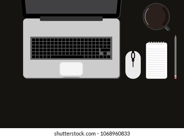 Modern Black office desk table with laptop, smartphone and pencil with cup of coffee. Top view, flat lay.