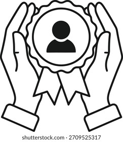Modern black outline hands holding user badge vector icon. Isolated on white background for web design.