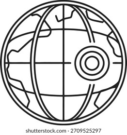 Um moderno ícone de localização de globo vetorial de contorno preto com um pino de mapa, isolado no fundo branco, perfeito para conceitos de rede global.