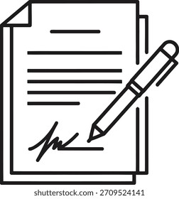 Icono de Vector de contorno negro moderno de un documento con firma y pluma, perfecto para conceptos comerciales. Aislado sobre fondo blanco.