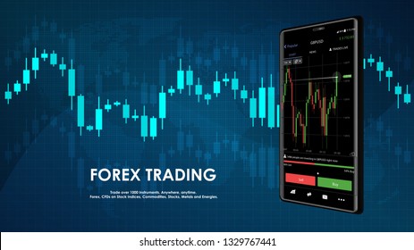 Modern black phone with HUD elements on the background of graphs, stock exchange elements.