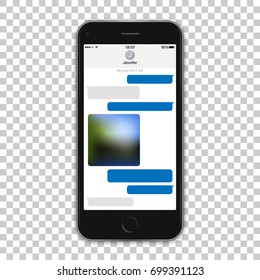 Modern black phone template with screenshot of messenger, isolated on transparent background, vector high quality illustration.