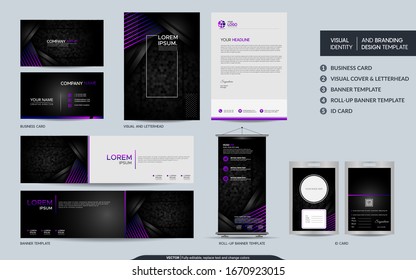 Modern black purple stationery mock up and visual brand identity set. Vector illustration mock up for branding, background, cover, card, product, event, banner, website. 
